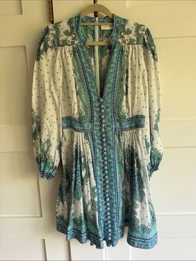 Zimmermann White Mini Dress with Teal & Aqua Paisley Trim